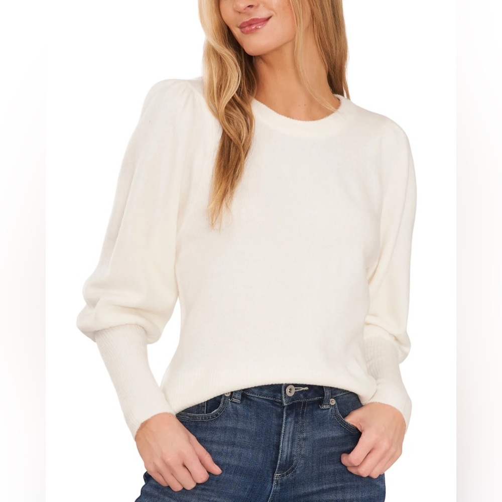 CeCe Essentials Antique‎ White Puff Sleeve Crew Neck Sweater 7051226 XS NEW
